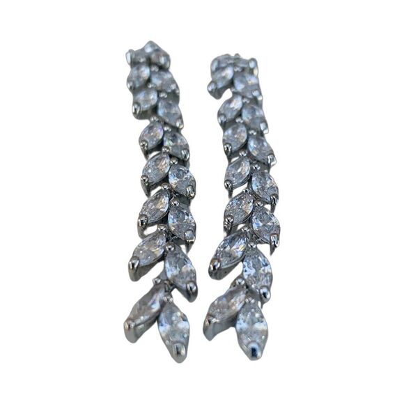 925 Sterling Silver Long Dangle Earrings 2.5"  Cubic Zirconia Marquise Formal - Picture 6 of 7